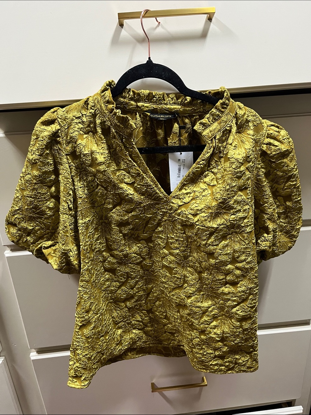 Sugarlips Yellow-ish Textured Puff Sleeve Blouse